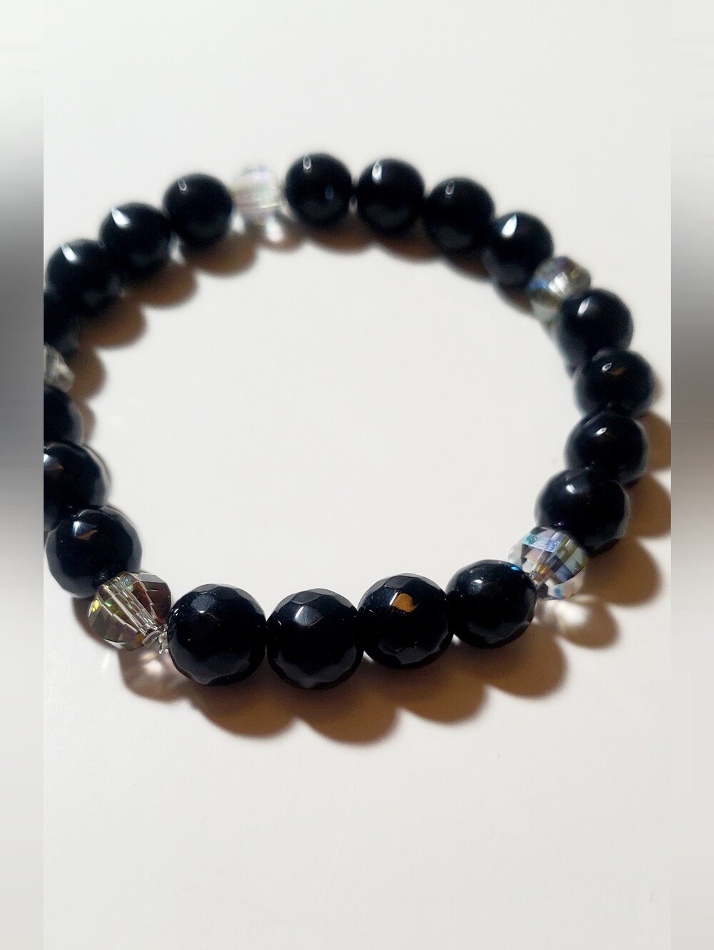 Black Onyx Beaded Stretch Bracelet with Faceted Accents
